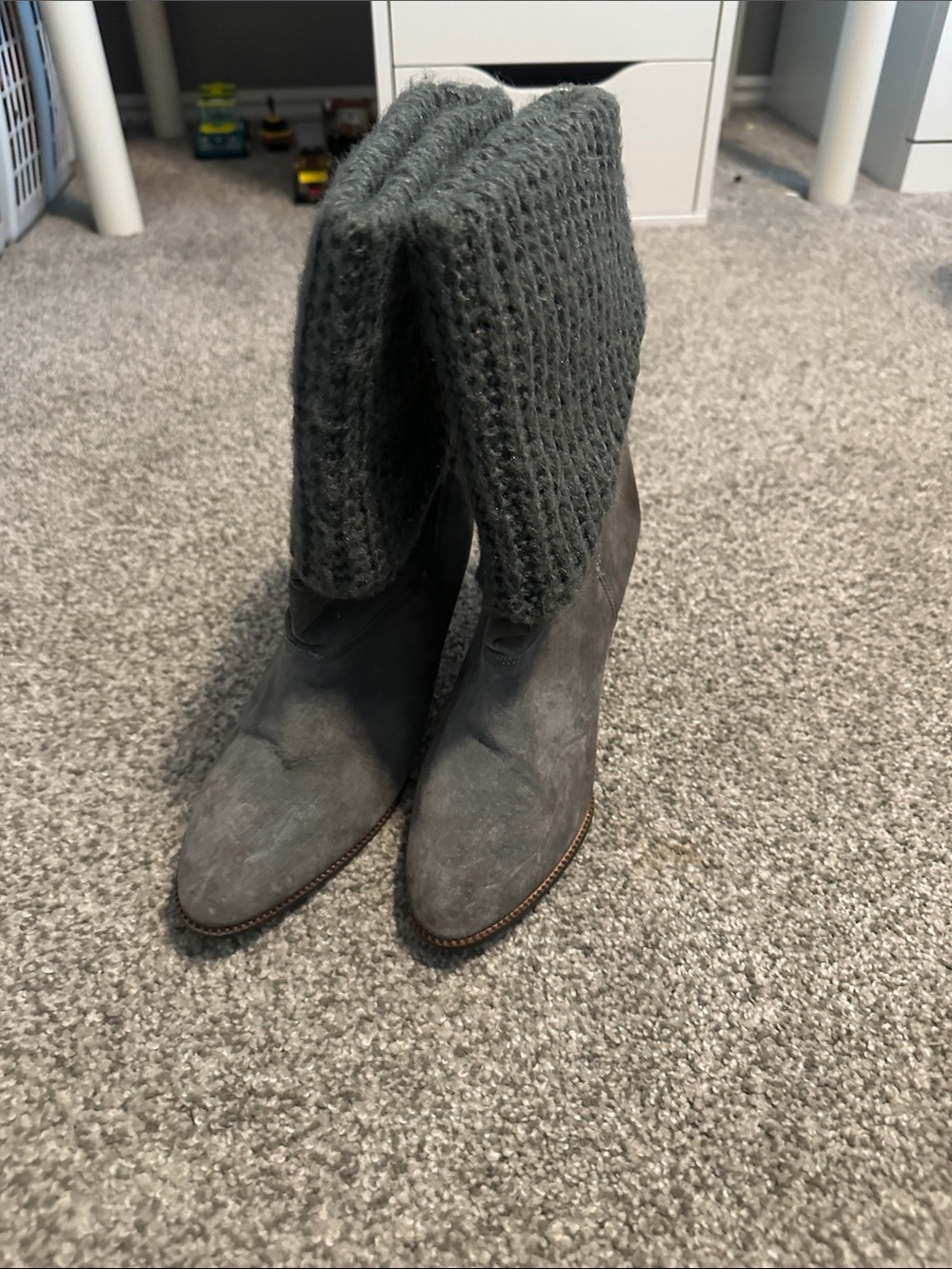 Women’s Gray Suede Knit Cuff Mid-Calf Boots